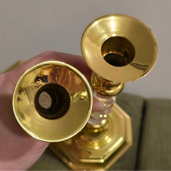 Vintage Set of 2 Brass Spiral Clear Lucite Acrylic Candlesticks Holders MCM - Picture 2 of 10